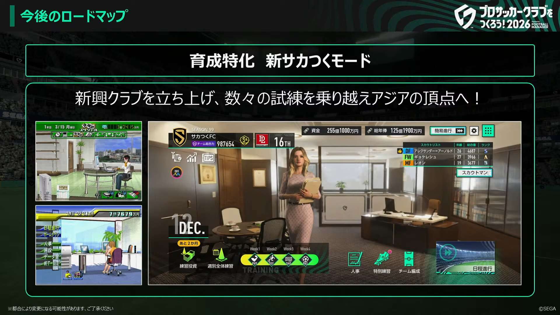 基本プレイ無料『サカつく2026』のロードマップがどどんと公開。12月には育成特化&スカウトマン復活の「新サカつくモード」を引っ提げ『サカつく2027』へと大型アプデ