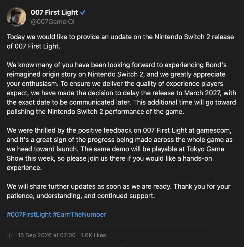 007 First Light for Switch 2 delayed until 2027
